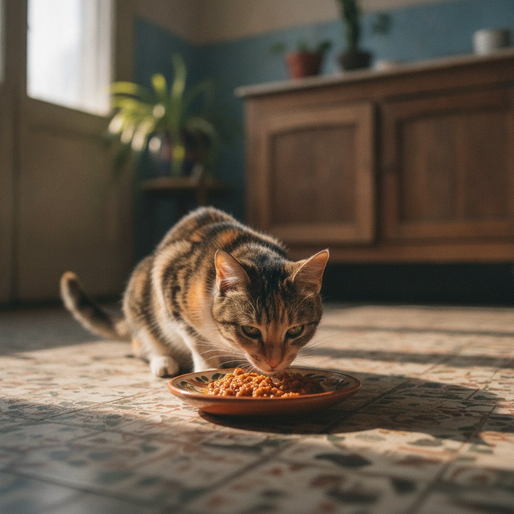 Gato comiendo alimento húmedo