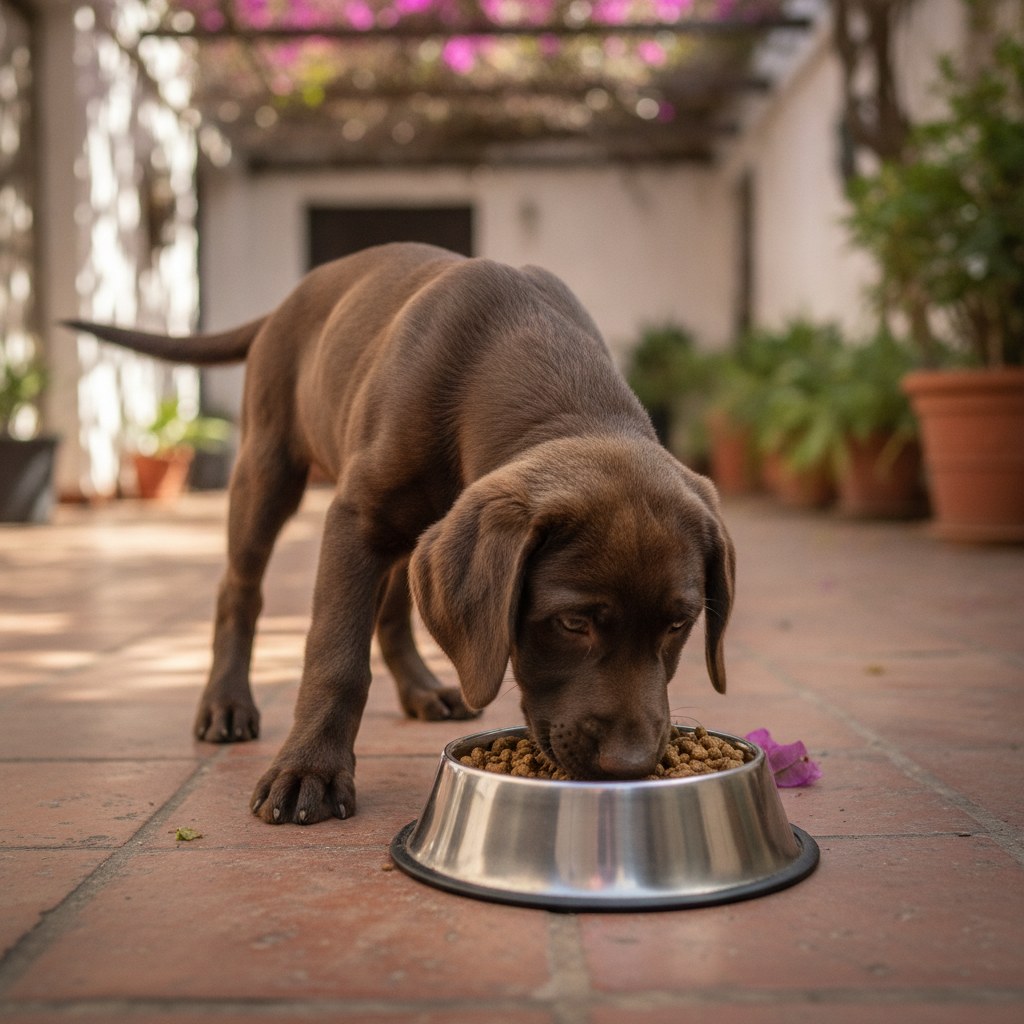Cachorro de raza grande comiendo
