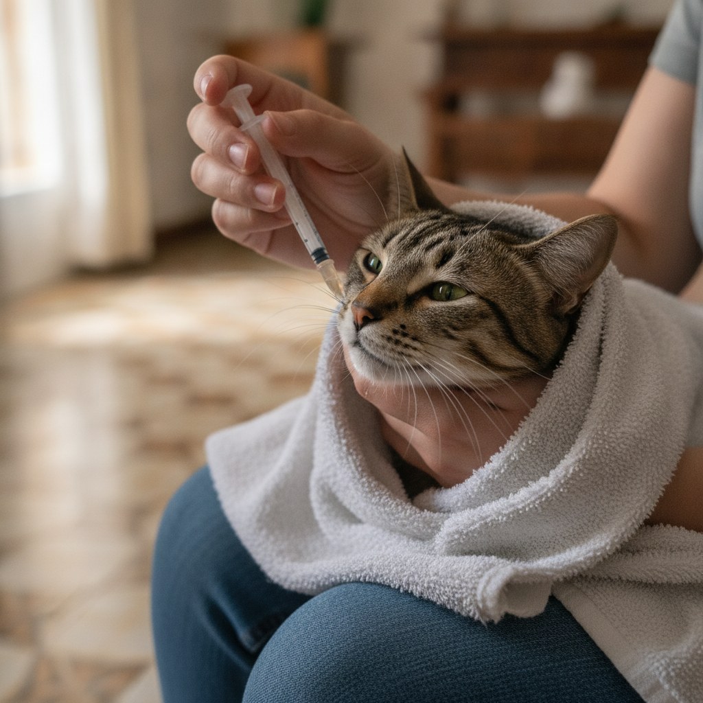 Cómo dar un medicamento líquido al gato con jeringa dosificadora