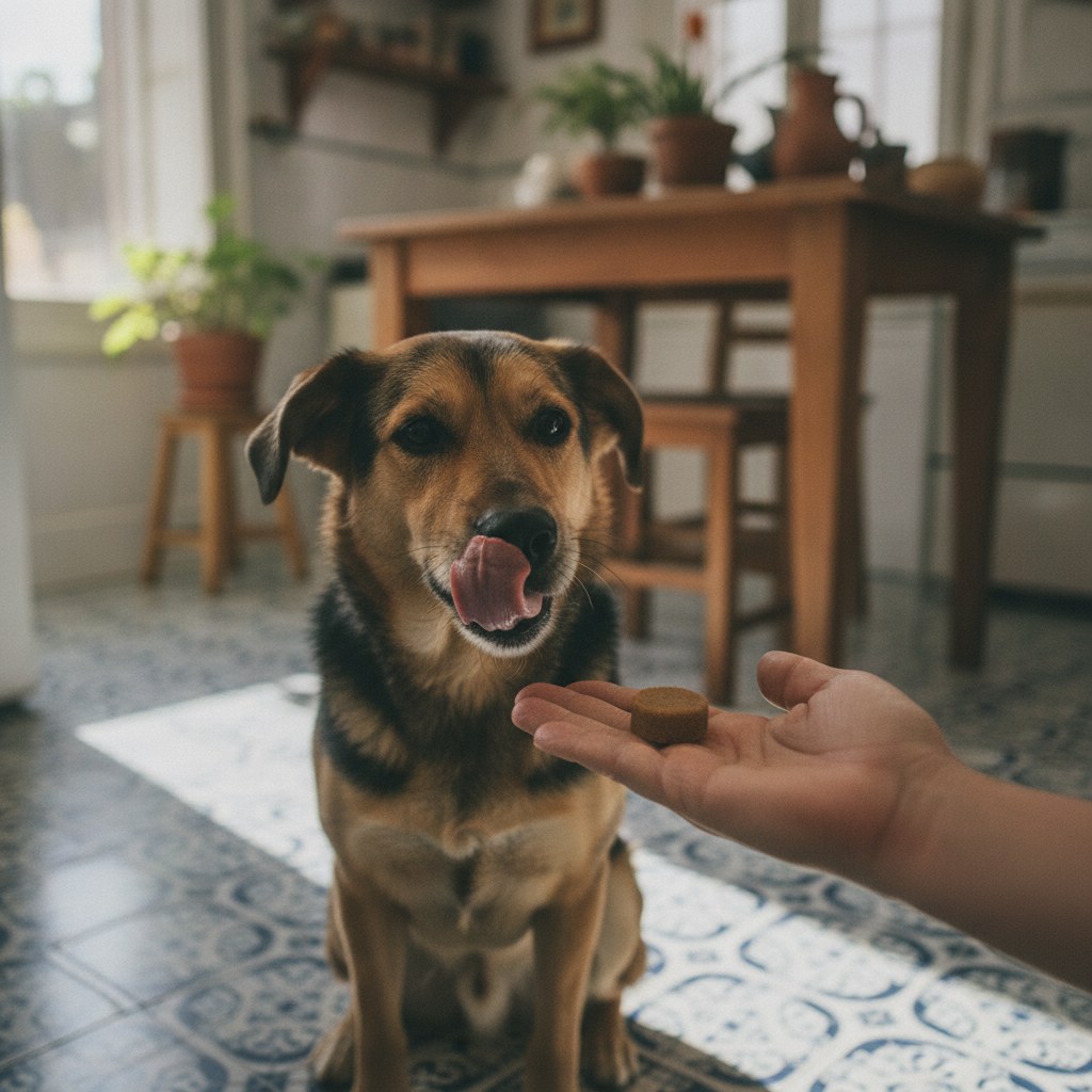 Perro relamiÃ©ndose ante el comprimido masticable