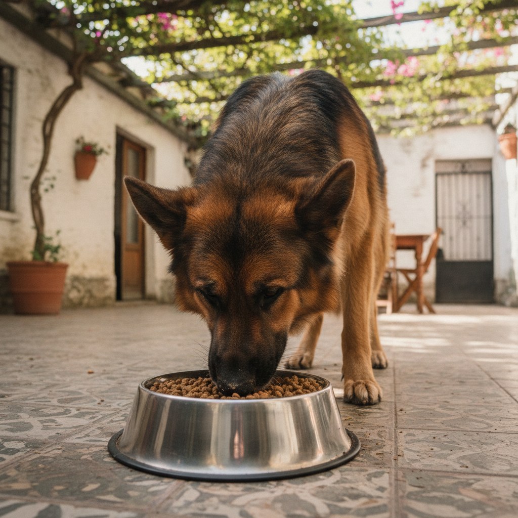 Perro de raza grande comiendo