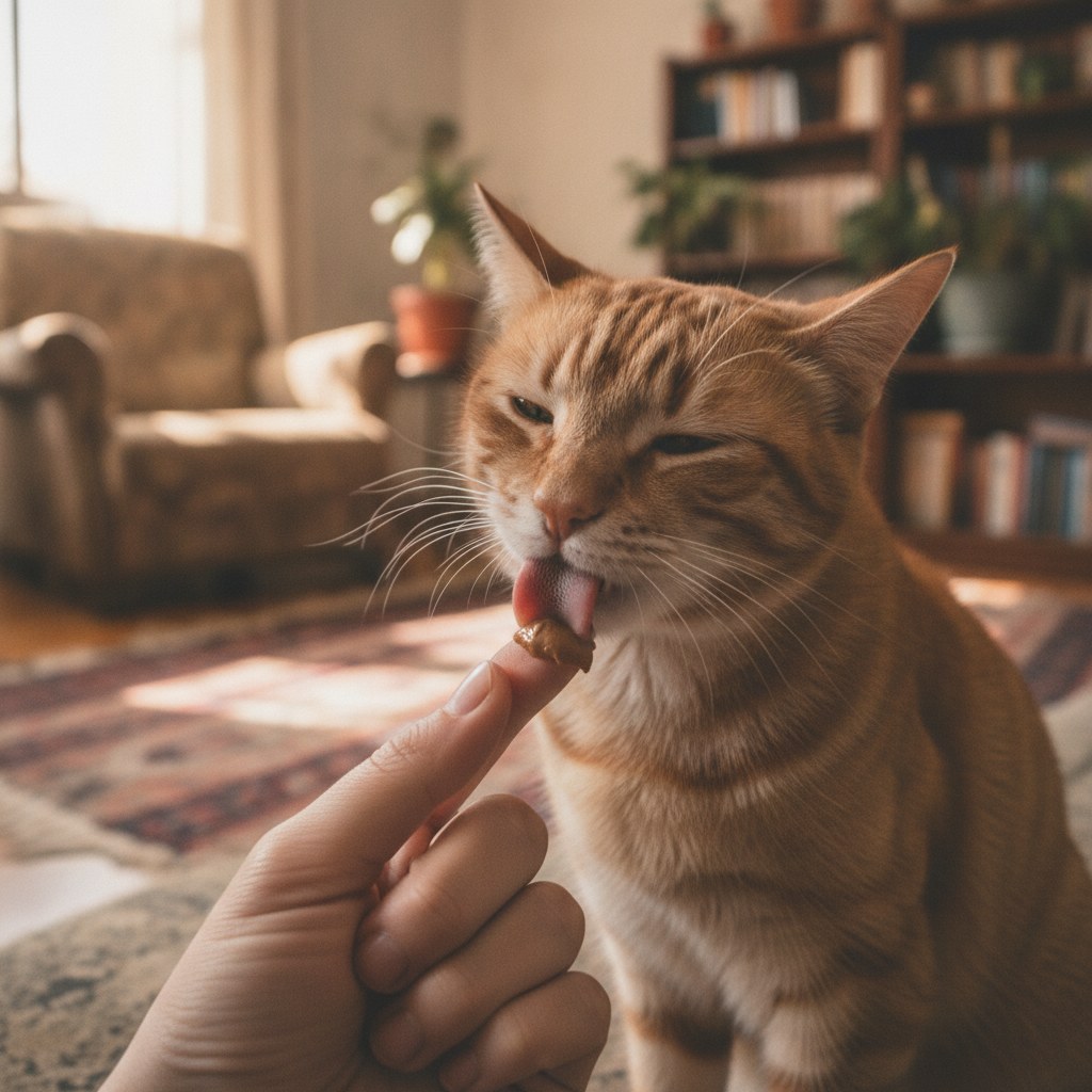 Pasta palatable: el gato la lame del dedo